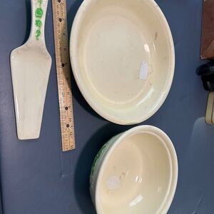 Vintage Embossed, HandPaintedHome Laughlin oven safe Bowl, Pie Plate and pie ser